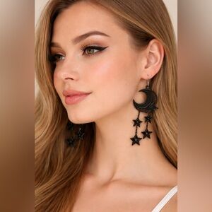 Embroidered Freestanding Lace Black Crescent Moon and Star Earrings